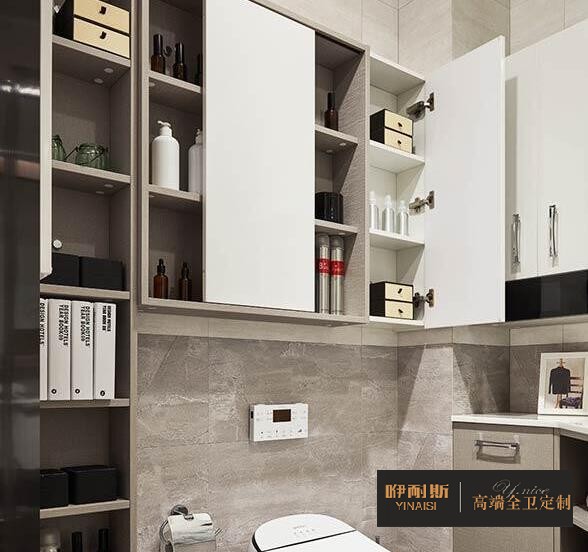 掛墻式浴室柜設(shè)計(jì)，精致的雕刻增添了優(yōu)雅和魅力。兩個(gè)開放式貨架解決“必備品”清單上的任何產(chǎn)品，存放和拿取都方便。